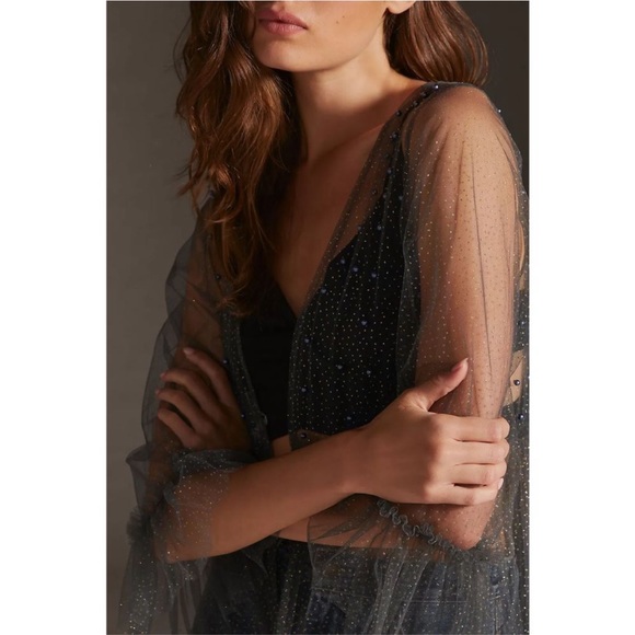 Anthropologie Elizabeth Gillett Embellished Beaded Mesh Tulle Duster One Size - Picture 3 of 13